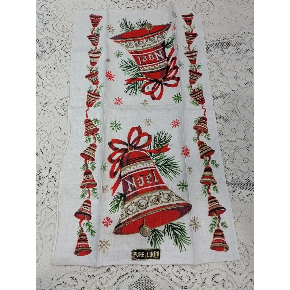 Vintage Pure Linen Christmas Tea Towel Red Bells Holiday Kitchen Decor